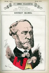 Retrato de Ernest Hamel (1826-1898), advogado e político francês. Cartoon de Gill, em "Les Homme d
