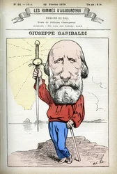 Retrato de Guiseppe Garibaldi (1807-1882), político italiano. Cartoon de Gill, em "Les Homme d