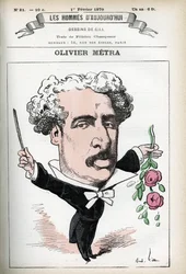 Retrato de Olivier Metra (1830-1889), ator francês, compositor popular. Desenho animado de Gill, em "Les Homme d