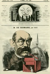 Retrato de Otto von Bismarck (1815-1898), chanceler alemão. Cartoon de Gill, em "The Moon", 7 de abril