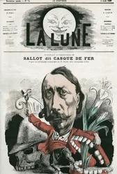 Retrato de Sallot, conhecido como "Capacete de Ferro". Caricatura de Gill, em "La Lune", 4 de agosto