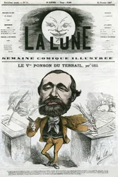 Retrato de Viconte Ponson du Terrail (1829-1871), escritor popular francês, autor de uma ópera de romance e sabão. Desenho animado de Gill, em "A Lua", 24 de fevereiro