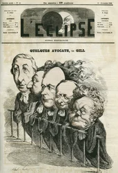 Alguns advogados, Emmanuel Arago (1812-1896), Leon Gambetta (1838-1882), Jules Grevy (1807-1891), Laurier e Adolphe Cremieux (1796-1880). Capa em "L