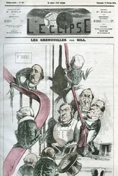 Os Sapos, um desenho animado dos políticos do governo do Presidente Thiers em sapos. Capa em "L