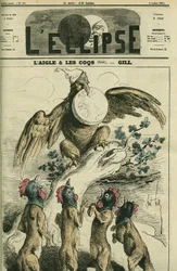 A águia e os galos, segundo a fábula, a águia napoleônica segura a França em seu bico pronto para soltá-la às raposas com a cabeça de galo. Capa em "L