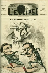 O último duelo, os sapos Prospero-Olivier (Prosper Olivier) Lissagaray (1838-1901) e Paul Granier de Cassagnac (1842-1904) querendo ser tão grande como a carne, representando Alfred de Musset e Victor Hugo. Capa em "L