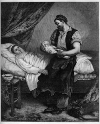 O novo (recém-nascido). Gravura após a pintura de André Gill (1840-1885) em "O Mundo Ilustrado" n°1283 de 29 de outubro