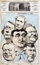 Os retratos de Léonce, Berthelier, Poppy Cadet, Dupuis, Pradeau e Barão, autores de teatro. Cartoon de Gill em "L