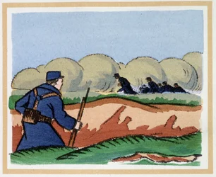 22 de Abril de 1915: Os alemães utilizam gases asfixiantes - em "The Book of Heroic Hours 1914/1918" de Andre Helle (1871-1945)