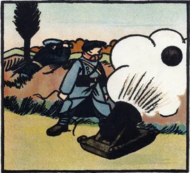 Primeira Guerra Mundial 1914-1918 (14-18): Lançador de bombas. Um soldado francês lança bombas contra o inimigo com um canhão. Gravura em "Alfabeto da Grande Guerra 1914-1916 (para os filhos dos nossos soldados)". Edições Berger-Levrault