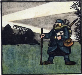 Primeira Guerra Mundial 1914-1918 (14-18): Peludo. Retrato de um soldado do exército francês em uniforme militar com mochila, saco e espingarda. Gravura em "Alfabeto da Grande Guerra 1914-1916 (para os filhos dos nossos soldados)". Edições Berger-Levrault