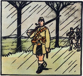 Primeira Guerra Mundial 1914-1918 (14-18): Highlander. Os soldados da Escócia vieram ajudar o exército francês. O seu uniforme militar é constituído por um kilt. Gravura em "Alfabeto da Grande Guerra 1914-1916 (para os filhos dos nossos soldados)". Edições