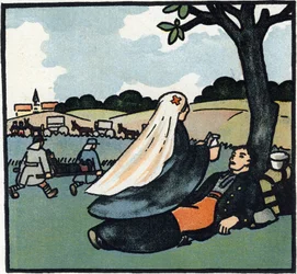 Primeira Guerra Mundial 1914-1918 (14-18): Enfermeira da Cruz Vermelha a cuidar dos soldados até aos campos de batalha. Gravura em "Alfabeto da Grande Guerra 1914-1916 (para os filhos dos nossos soldados)". Edições Berger-Levrault