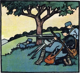 Primeira Guerra Mundial 1914-1918 (14-18): Soldados do exército francês utilizando metralhadoras nos campos de batalha. Gravura em "Alfabeto da Grande Guerra 1914-1916 (para os filhos dos nossos soldados)". Edições Berger-Levrault