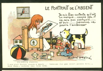 Postal, Cor Satírica: O Retrato do Ausente - Guerra dos 14-18, Ilustração de Infância de André Helle (1875-1945)