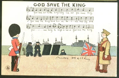 Postal, satírico em cores: God save de king - Guerra de 14-18, Inglaterra Grã-Bretanha, Cantando - Soldados Ilustração de Andre Helle (1875-1945)