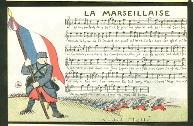 Postal, satírico em cores: La Marseillaise - Guerra de 14 -18, Marselhesa, Ilustração cantada por André Helle (1875-1945)