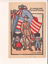 Postal, satírico em cores: Le grand ami o grande amigo - Guerra de 14-18, América, Alsácia Lorena Ilustração de André Helle (1875-1945)