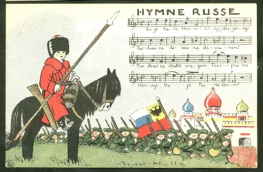 Postal, satírico em cores: Hino Russo - Guerra de 14-18, Rússia, Cantando - Soldados Ilustração de Andre Helle (1875-1945)