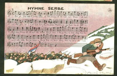 Postal, satírico em cores: Hino Sérvio - Guerra de 14-18, Canção, Sérvia - Soldados Ilustração de André Helle (1875-1945)