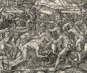 Batalha entre as tribos Margageaz e Tabajares, gravura da Cosmologia Universal, de Andre Thevet (1504-1592)