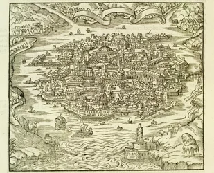 Cidade de Quinsai (agora Tianjin), gravura de La Cosmographie Universelle (Cosmografia Universal) de Andre Thevet