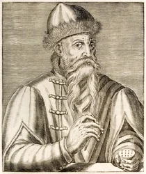 Johannes Gutenberg: inventor alemão cuja invenção da tipografia de tipo móvel iniciou a revolução da impressão, de True Portraits de André Thévet publicada em 1584