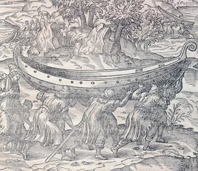 Laplanders transportando seus barcos de um lugar para outro, gravura da Cosmologia Universal, de Andre Thevet (1504-1592), Paris