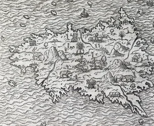 Mapa de Sumatra, gravura de Andre Thevet (1504-1592), Paris, França