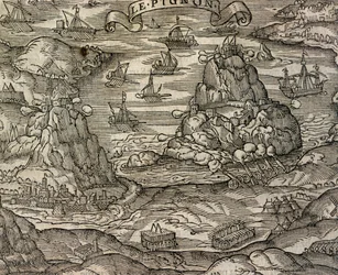 Batalha naval perto da ilha Le Pignon, gravura de Cosmographie universelle, de Andre Thevet (1504-1592), Paris