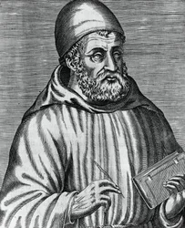 Retrato de John Duns, comumente chamado Duns Scotus (1265 ou 1266-1308), filósofo e teólogo escocês, gravura de Andre Thevet (1504-1592) de Les vrais pourtraits et vies des hommes illustres grecz, latins et payens