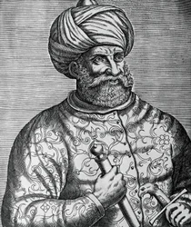 Retrato de Khayr al-Din, conhecido como Barbarossa (1465-1546), corsário e almirante turco, gravura de Andre Thevet (1502-1590)