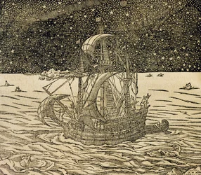 Marinheiros seguindo a rota do norte, gravura da Cosmologia Universal, de Andre Thevet (1504-1592), Paris