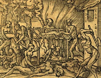 Tribo canibal Tupinamba no Brasil, gravura de Les singularitez de la France antártica, por Andre