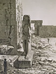 Vista, de, a, colossus, em, a, entrada, para, a, hypostyle, salões, de, a, palácio, em, karnak, Thebes, prato, 20, de, vol, III, de, &39;Descrições, de, Egypt`, gravado, por, Baltard, 1822, (aquatint)