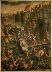 O Doge de Veneza Enrico Dandolo e os seus cruzados a invadir a cidade de Zara em 1202 (óleo sobre tela)