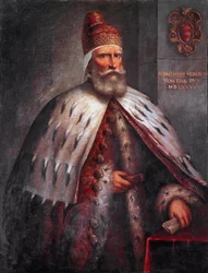 Retrato do doge Sebastiano Venier (1496-1578), condottiere. Liderou a frota veneziana com Francesco Duodo durante a Batalha de Lepanto em 1571. Pintura de Andrea de Michieli, dito il Vicentino (c. 1539-1617), Veneza, Museo Correr