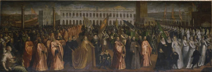 A dogaresa Marina Morosini-Grimani deixa o Palazzo Grimani para a sua coroação no Palazzo Ducale, Veneza