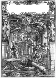 Placa retirada do livro "De architectura", trata da arquitectura de Marcus Vitrubius Pollio dit Vitruvio (século I a.C.), arquitecto romano. Edição italiana de 1556. Gravura após desenho de Palladio.
