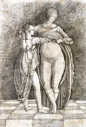 Uma jovem rapariga despe uma mulher. Gravura de Andrea Zoan. Século XV.