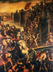 Doge de Veneza Enrico Dandolo e os seus cruzados invadem a cidade de Zadar em 1202, óleo sobre tela por Andrea Michieli (cerca de 1542-circa 1617), Quarta Cruzada, Croácia