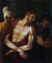 Ecce Homo par Schiavone, Andrea (ca. 1520-1582). Óleo sobre madeira, tamanho : 34,9x31,4