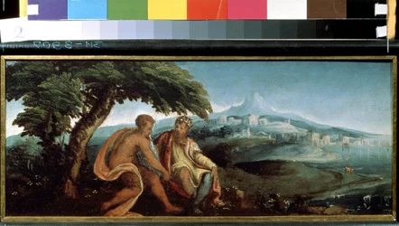 Rei Midas e Pan (Rei Midas e Pan). Pintura de Andrea Schiavone (por volta de 1520-1582). Óleo sobre tela