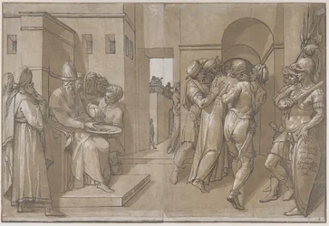 Cristo está sendo levado, soldados estão no lado direito do lençol, 1585.
