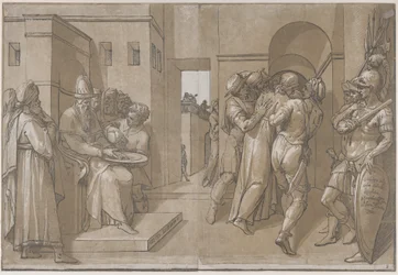 Pilatos à esquerda lavando as mãos lado esquerdo do lençol, 1585.