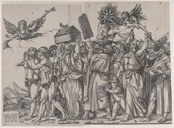 Seção A: um anjo segurando uma cruz no canto superior esquerdo, Adão e Eva abaixo, de O Triunfo de..., 1836.