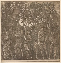 O triunfo de Júlio César: soldados carregando bandeiras e padrões, 1593-99.