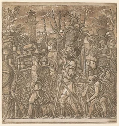 O triunfo de Júlio César: soldados carregando vasos e troféus de guerra, 1593-99.