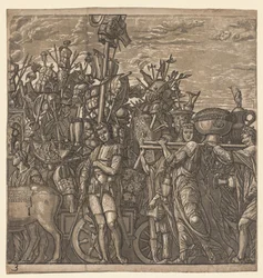 O triunfo de Júlio César: soldados marchando com troféus de guerra, 1593-99.