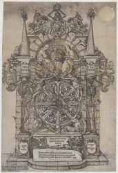 Triunfo da Morte com três destinos em uma moldura arquitetônica sobre um flanco de roda da fortuna..., 1588.